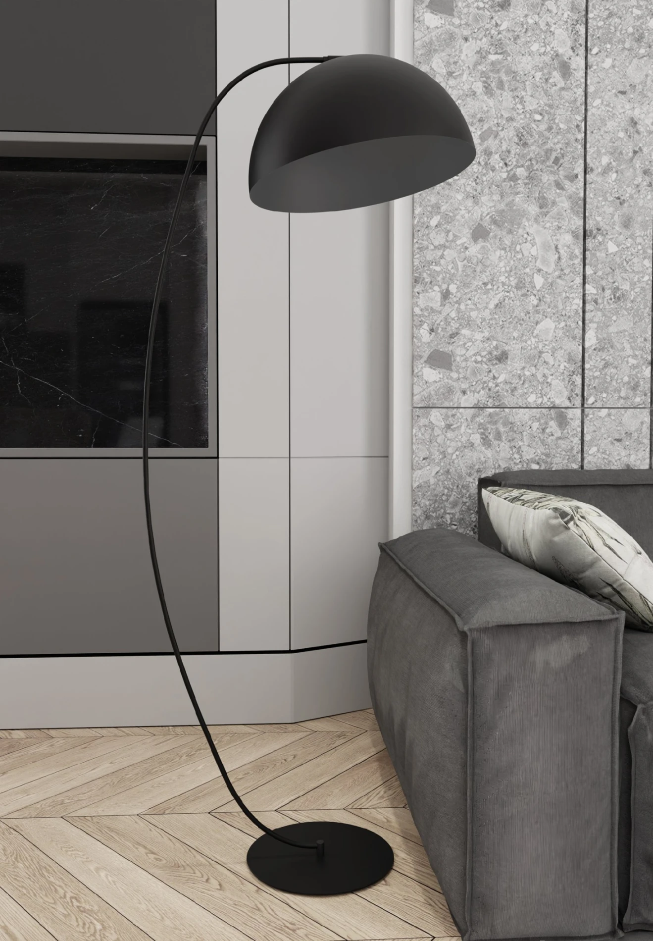 Lampa ARCOS czarna eleganckie oświetlenie do salonu i sypialni przy sofie.jpg