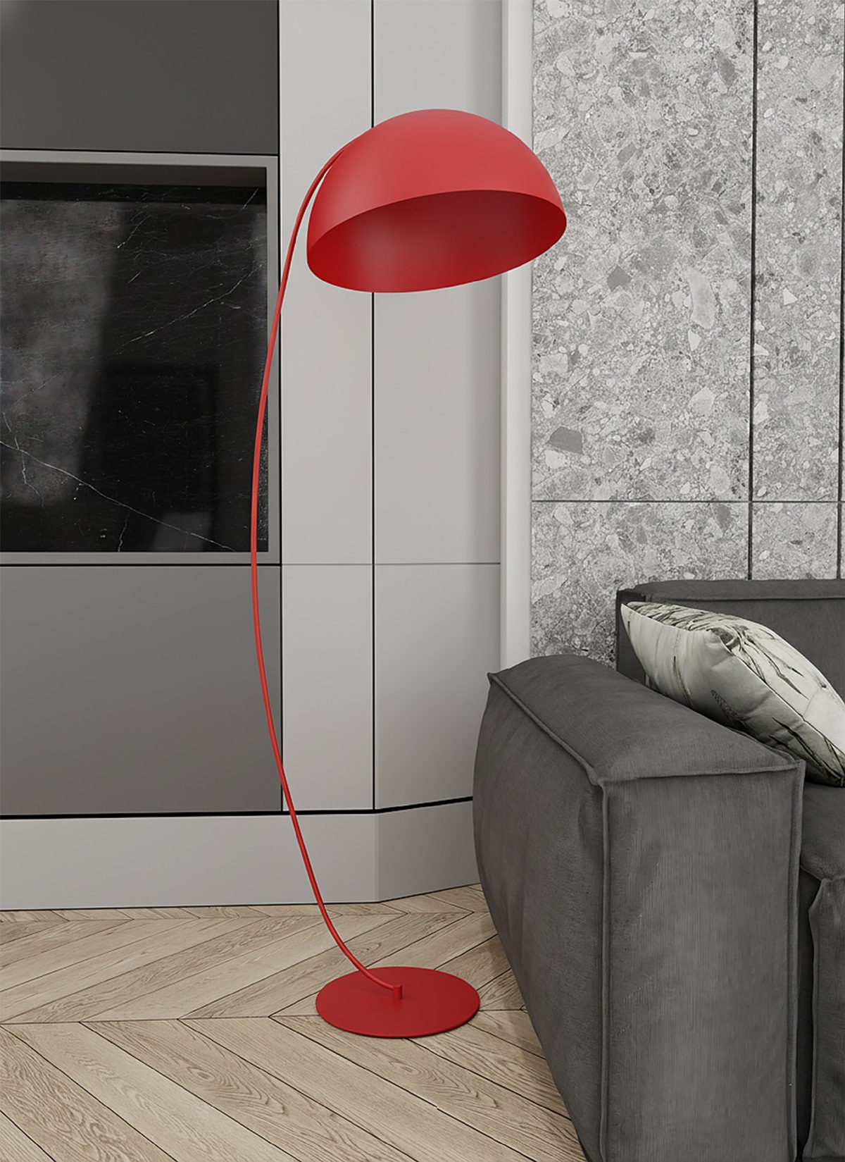 Lampa podłogowa ARCOS czerwona z łukową konstrukcją i półokrągłym kloszem, oświetlenie sofy w salonie.jpg
