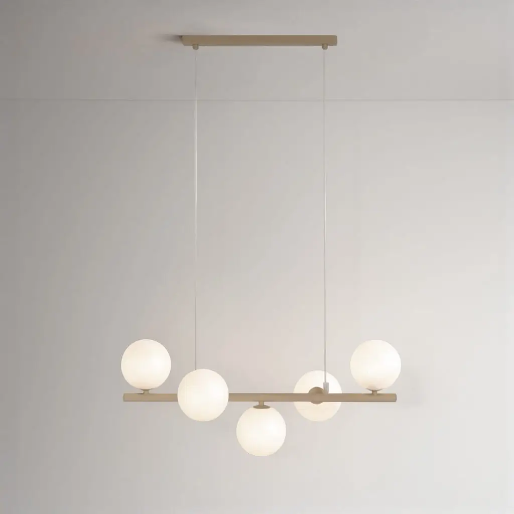 Beżowa lampa wisząca Ardi 5 z pięcioma szklanymi kloszami.webp