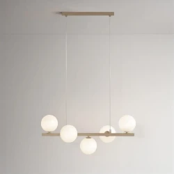 Beżowa lampa wisząca Ardi 5 z pięcioma szklanymi kloszami.webp