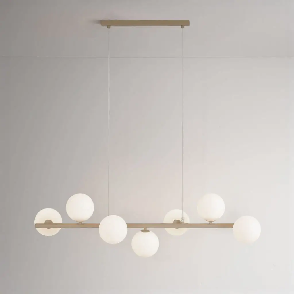 Beżowa lampa wisząca Ardi 7 z siedmioma szklanymi kloszami.webp
