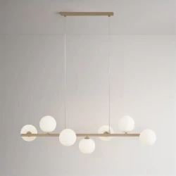Beżowa lampa wisząca Ardi 7 z siedmioma szklanymi kloszami.webp