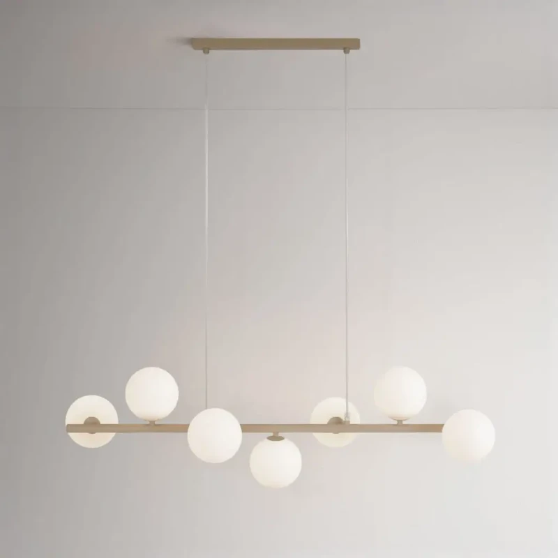 Beżowa lampa wisząca Ardi 7 z siedmioma szklanymi kloszami.webp