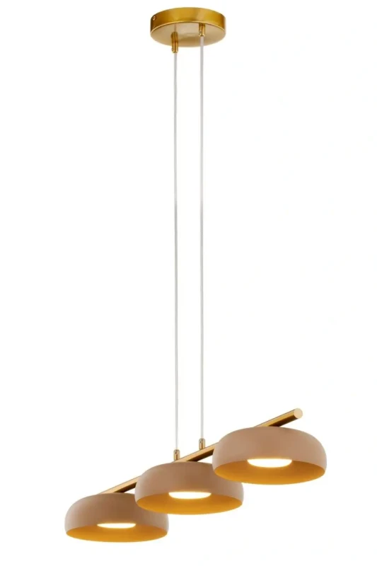 Lampa Olaf 3 w kolorze złotym i beżowym nad wyspą kuchenną.webp