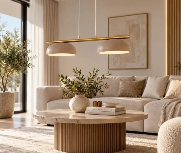 Lampa-Olaf-2-w-kolorze-szczotkowanego-złota-i-beżu-nad-stołem.webp
