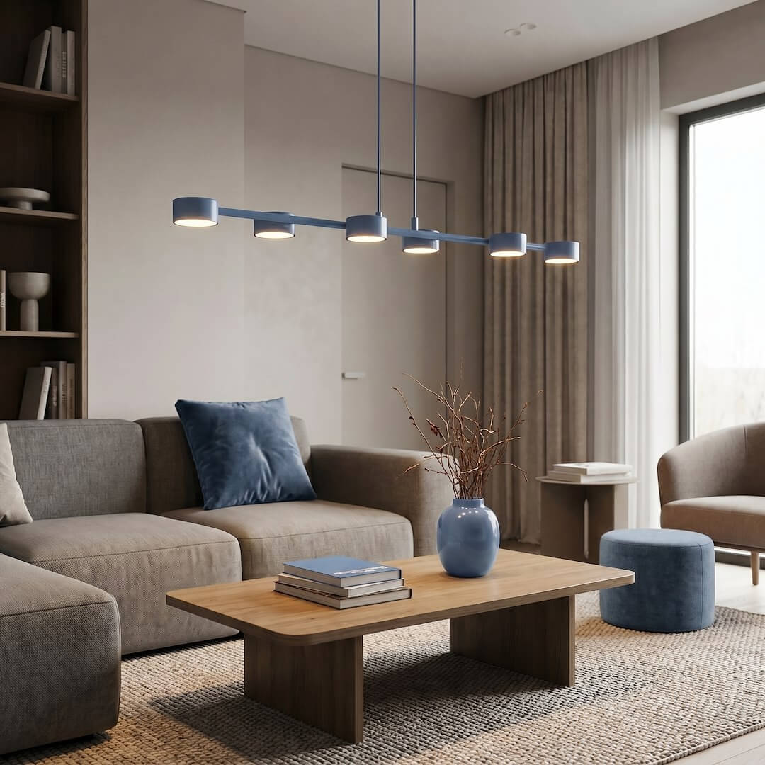 Jasnoniebieska lampa Megara Dusty Blue 6 w eleganckiej aranżacji modernistycznego wnętrza.jpg