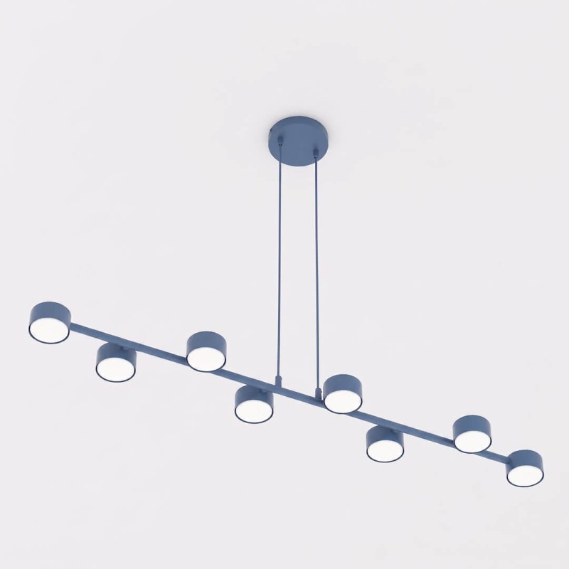Niebieska lampa wisząca Megara Dusty Blue 8 – widok liniowej konstrukcji i ośmiu kloszy.jpeg