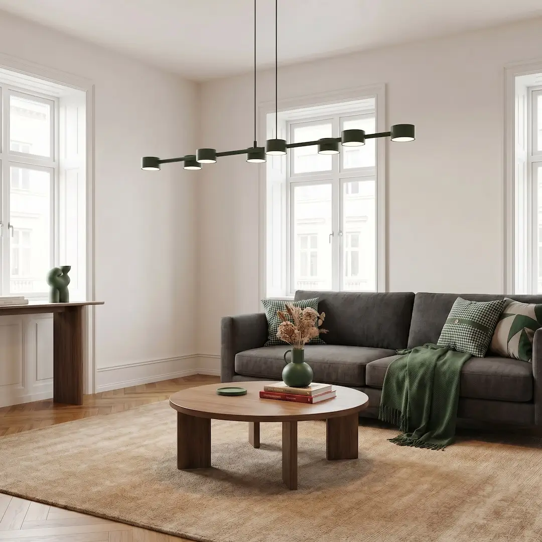 Zielona lampa wisząca Megara 8 Olive Green z ośmioma kloszami w eleganckim wnętrzu..webp