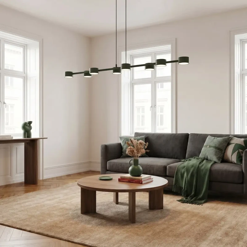 Zielona lampa wisząca Megara 8 Olive Green z ośmioma kloszami w eleganckim wnętrzu..webp