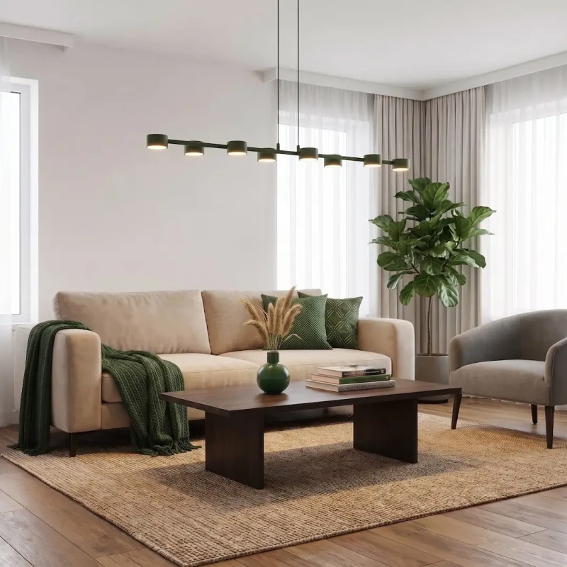 Megara 8 Olive Green – podłużna lampa wisząca w kolorze oliwkowej zieleni w nowoczesnej aranżacji..webp