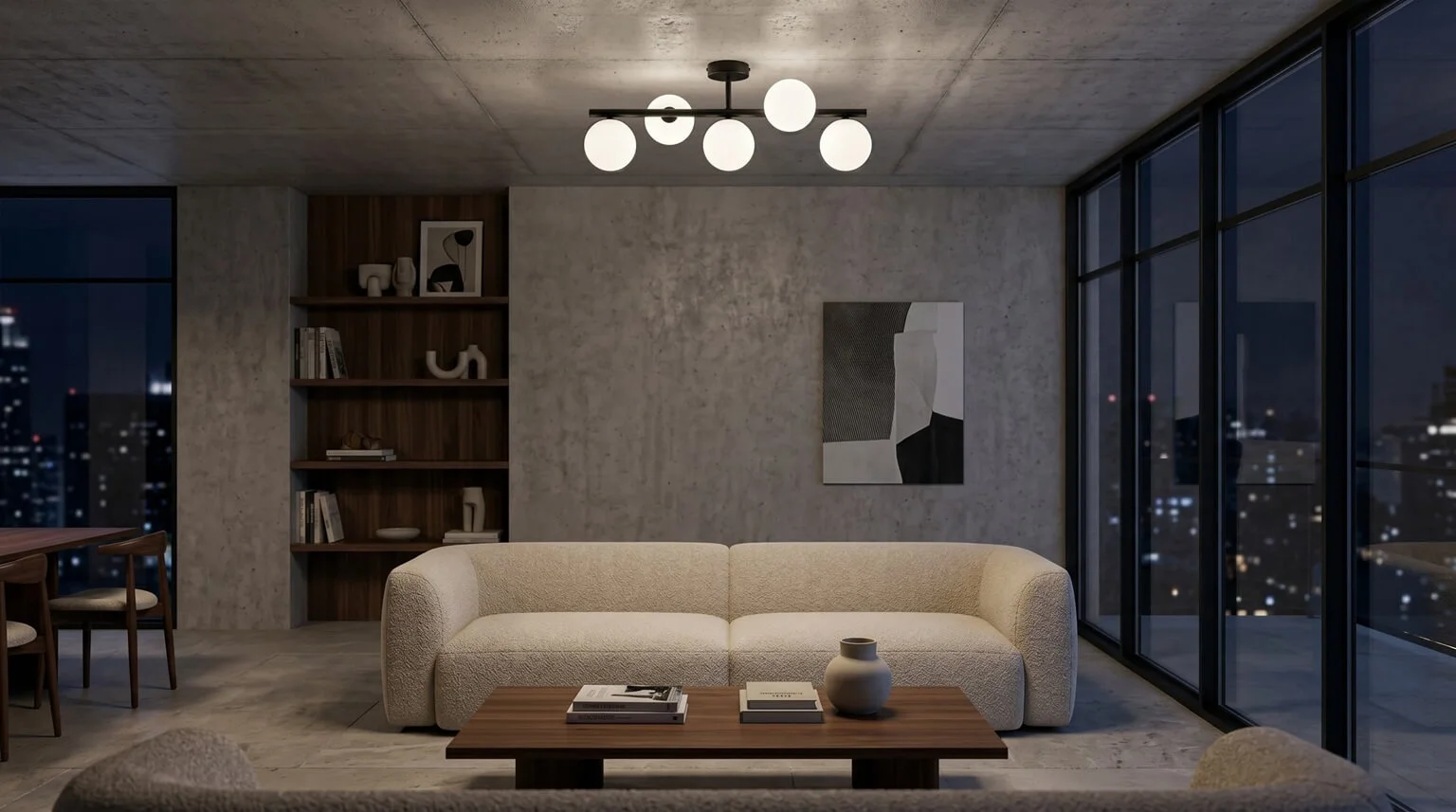 Ardi-Black-5-Sufitowa-–-czarna-lampa-z-pięcioma-białymi-szklanymi-kloszami-w-nowoczesnym-salonie..webp
