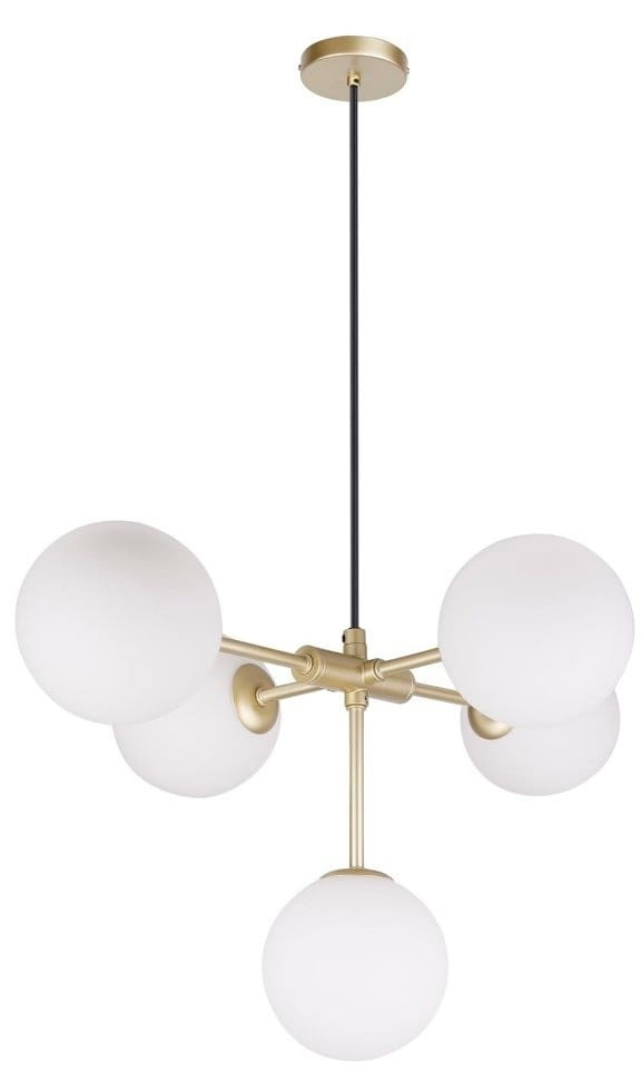 Mati Brass żyrandol, lampa Art. Deco  wisząca mosiądz, mleczne szklane kule