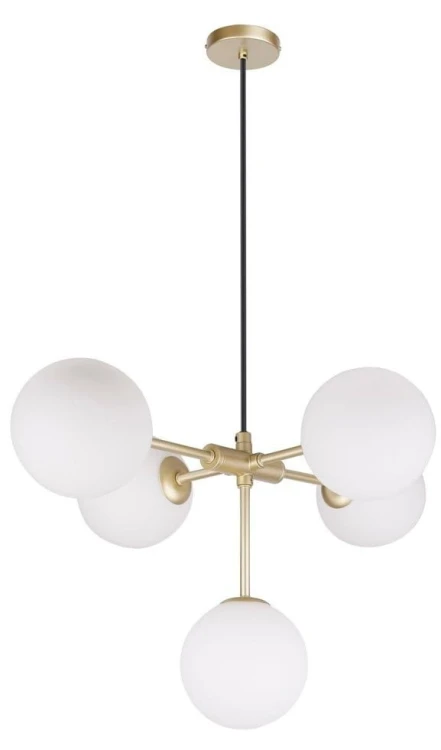 Mati Brass żyrandol, lampa Art. Deco  wisząca mosiądz, mleczne szklane kule