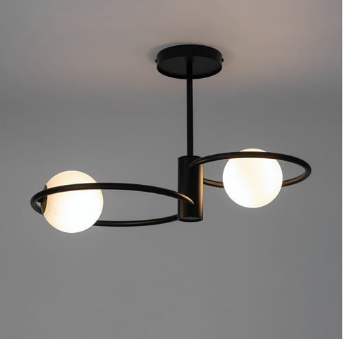 sufitowa lampa, dwa pierścienie dwa białe klosze- Aqua S2 czarna aranżacja