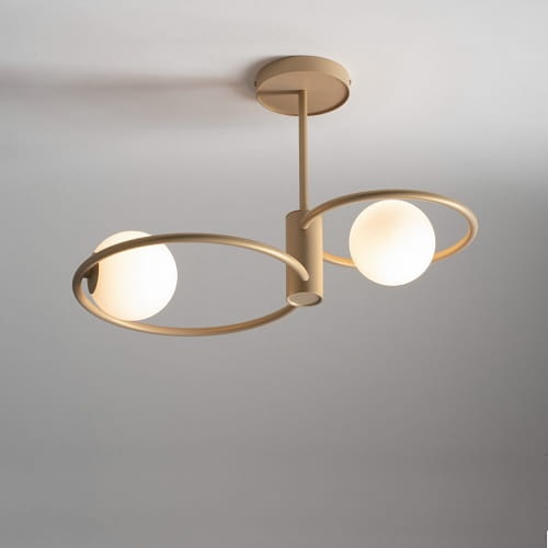 sufitowa lampa, dwa pierścienie dwa białe klosze- Aqua S2 złota świecenie