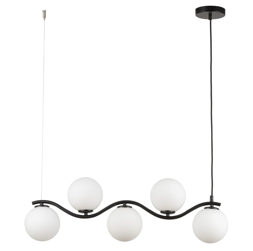 Lampa wisząca podłużna czarna, klosze białe kule - Vena Fala 5, 33677.jpg