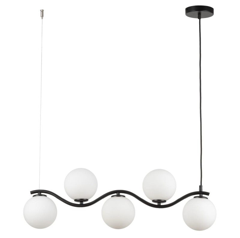 Lampa wisząca podłużna czarna, klosze białe kule - Vena Fala 5, 33677.jpg