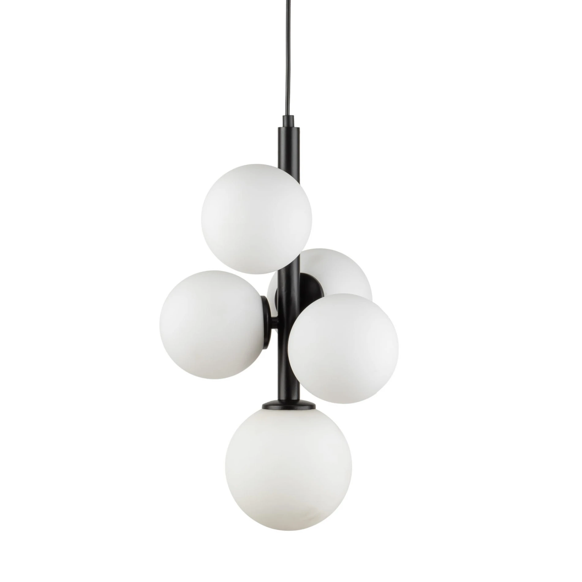 Klasyczna lampa wisząca, czarna, białe klosze, Perla 5 33488.jpg