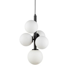 Klasyczna lampa wisząca, czarna, białe klosze, Perla 5 33488.jpg