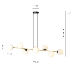 Lampa wisząca podłużna nad stół, złota, klosze białe - Grafity BL 8 wymiary.jpg