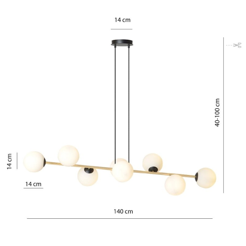 Lampa wisząca podłużna nad stół, złota, klosze białe - Grafity BL 8 wymiary.jpg