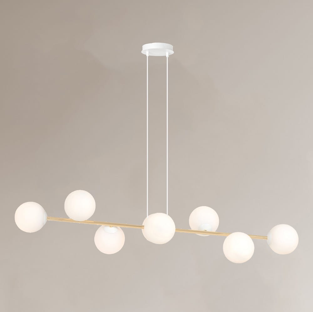 Lampa wisząca podłużna nad stół, złota, klosze białe - Grafity WH 8.jpg
