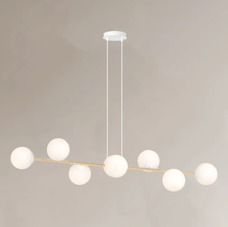Lampa wisząca podłużna nad stół, złota, klosze białe - Grafity WH 8.jpg