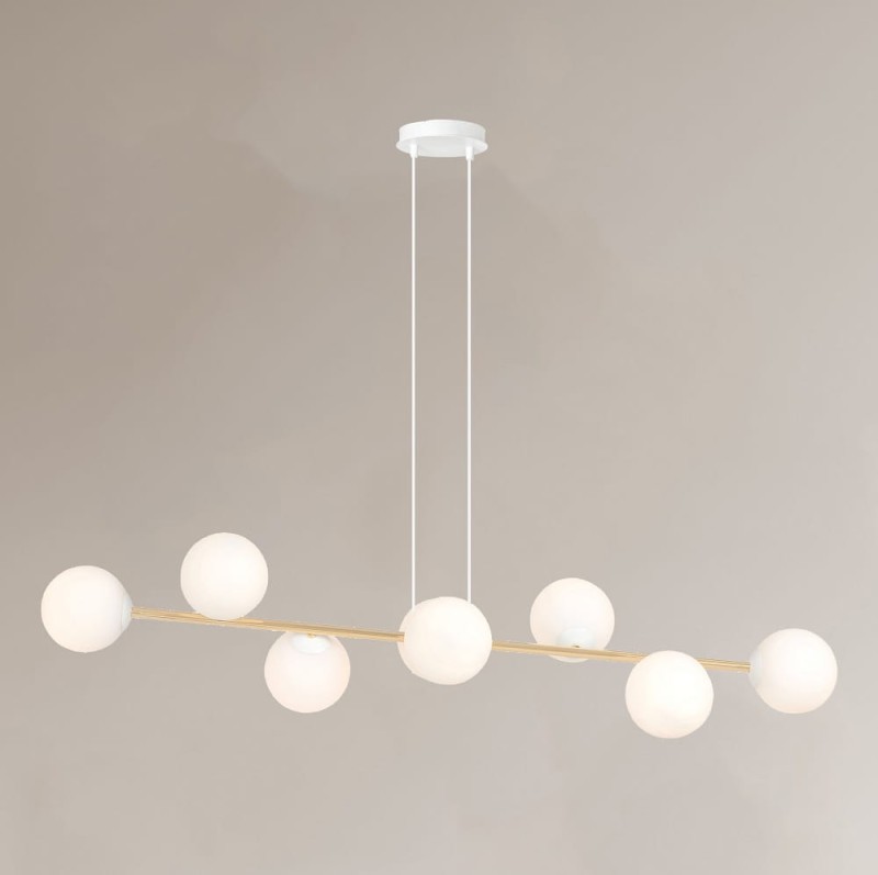 Lampa wisząca podłużna nad stół, złota, klosze białe - Grafity WH 8.jpg