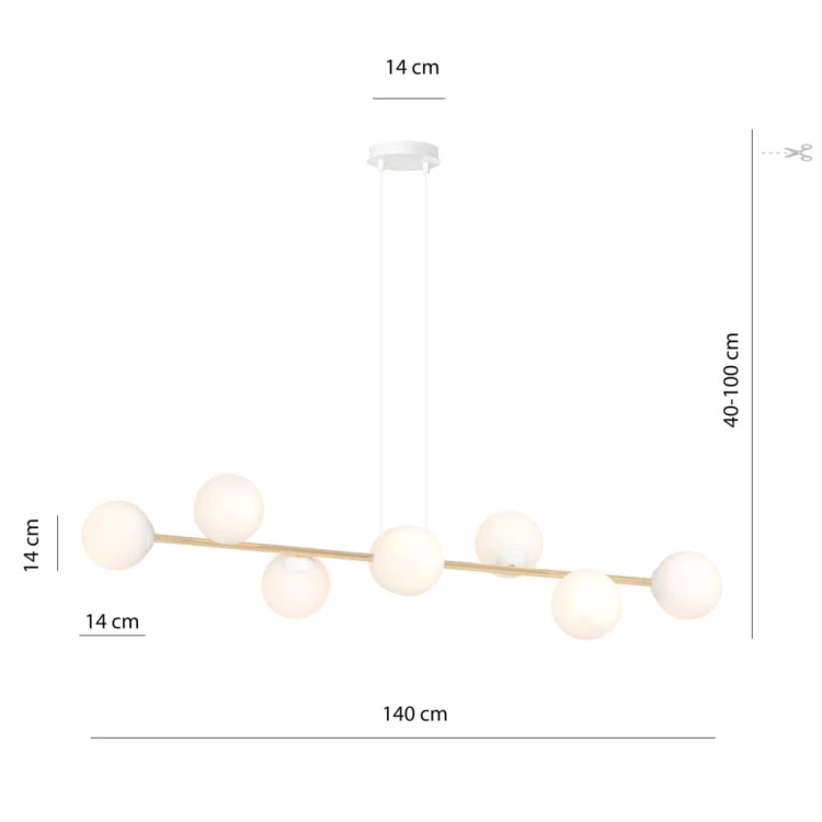 Lampa wisząca podłużna nad stół, złota, klosze białe - Grafity WH 8 wymiary.jpg