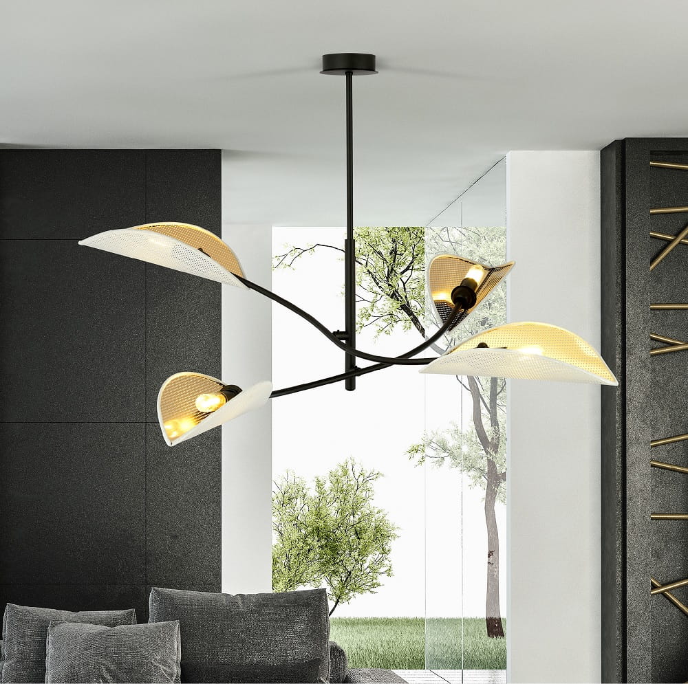 Lampa sufitowa do nowoczesnego salonu - Lotus WH 4,  biało - złota aranżacja (2).jpg