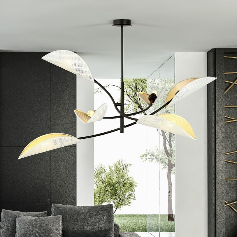 Duża sufitowa lampa do salonu, biało-złota, - Lotus WH 6 aranżacja.jpg