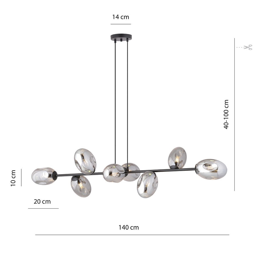Pandora 8 GR lampa wisząca nad stół długa 140cm, klosze grafitowe wymiary.jpg