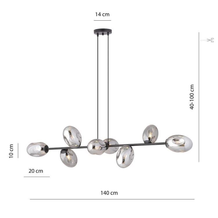 Pandora 8 GR lampa wisząca nad stół długa 140cm, klosze grafitowe wymiary.jpg