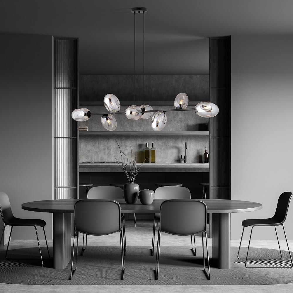 Pandora 8 GR lampa wisząca nad stół długa 140cm, klosze grafitowe aranżacja.jpg