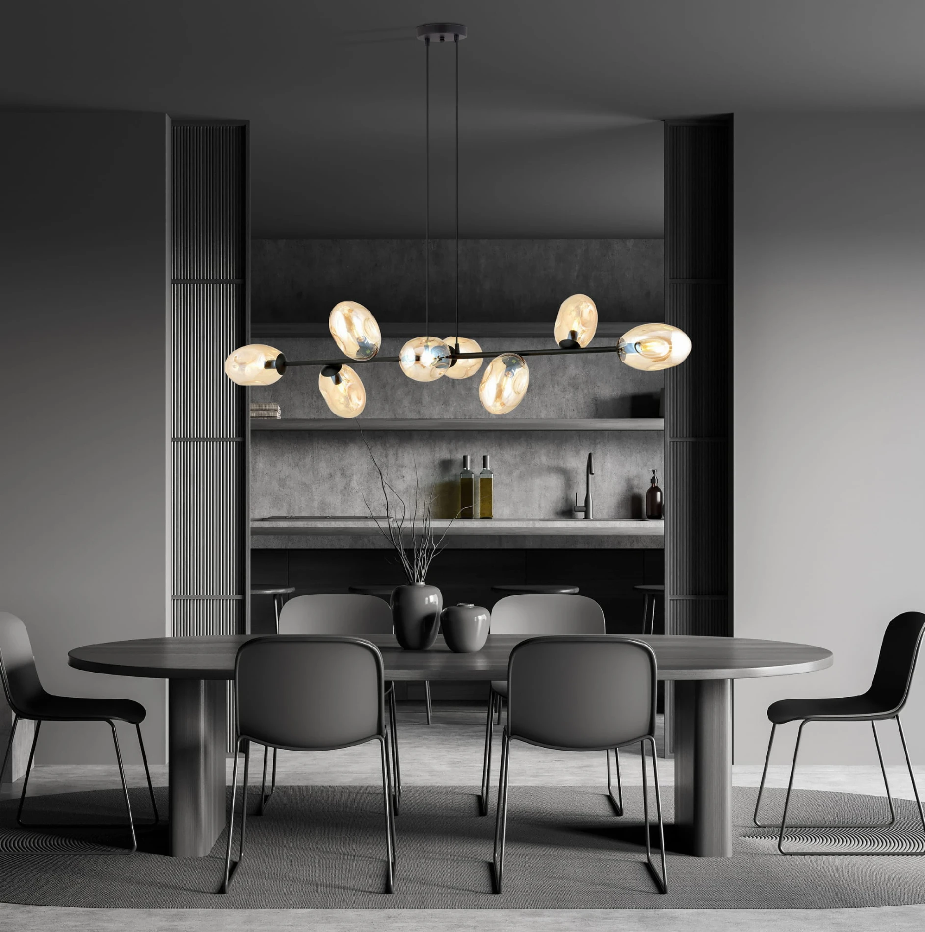 Pandora 8 BL lampa wisząca nad stół długa 140cm, klosze miodowe aranżacja (2).jpg