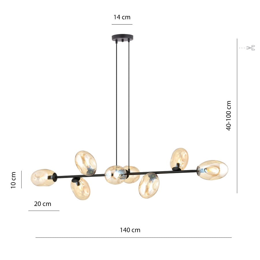 Pandora 8 BL lampa wisząca nad stół długa 140cm, klosze miodowe wymiary.jpg