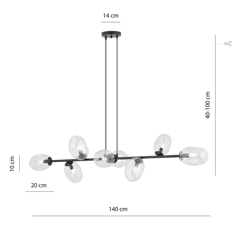 Pandora 8 BL lampa wisząca nad stół długa 140cm, klosze transparentne wymiary.jpg
