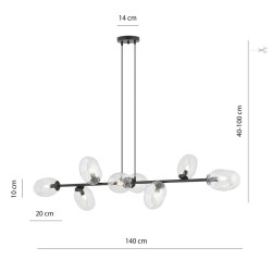 Pandora 8 BL lampa wisząca nad stół długa 140cm, klosze transparentne wymiary.jpg