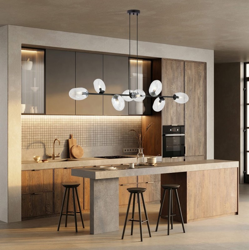 Pandora 8 BL lampa wisząca nad stół długa 140cm, klosze transparentne aranżacja.jpg