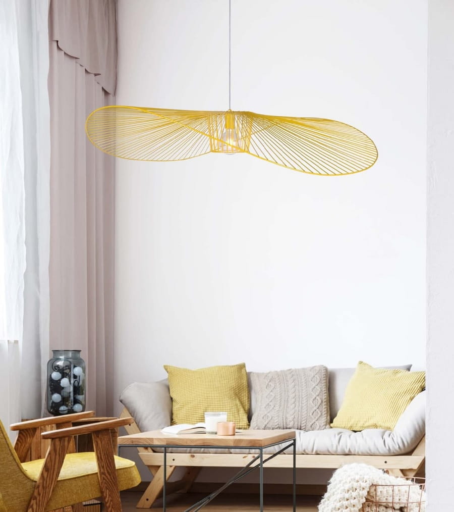 Kapelusz Żółty - nowoczesna, duża lampa wisząca, żyrandol druciany aranżacja.jpg