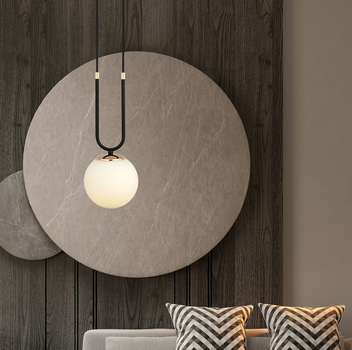 Glam 1 Black - lampa wisząca  art deco, klosz biały mleczny - aranżacja.jpg