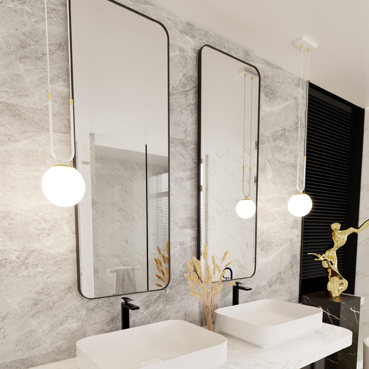 Glam 1 White - lampa wisząca do łazienki przy lustrze, klosz biały mleczny - aranżacja.jpg