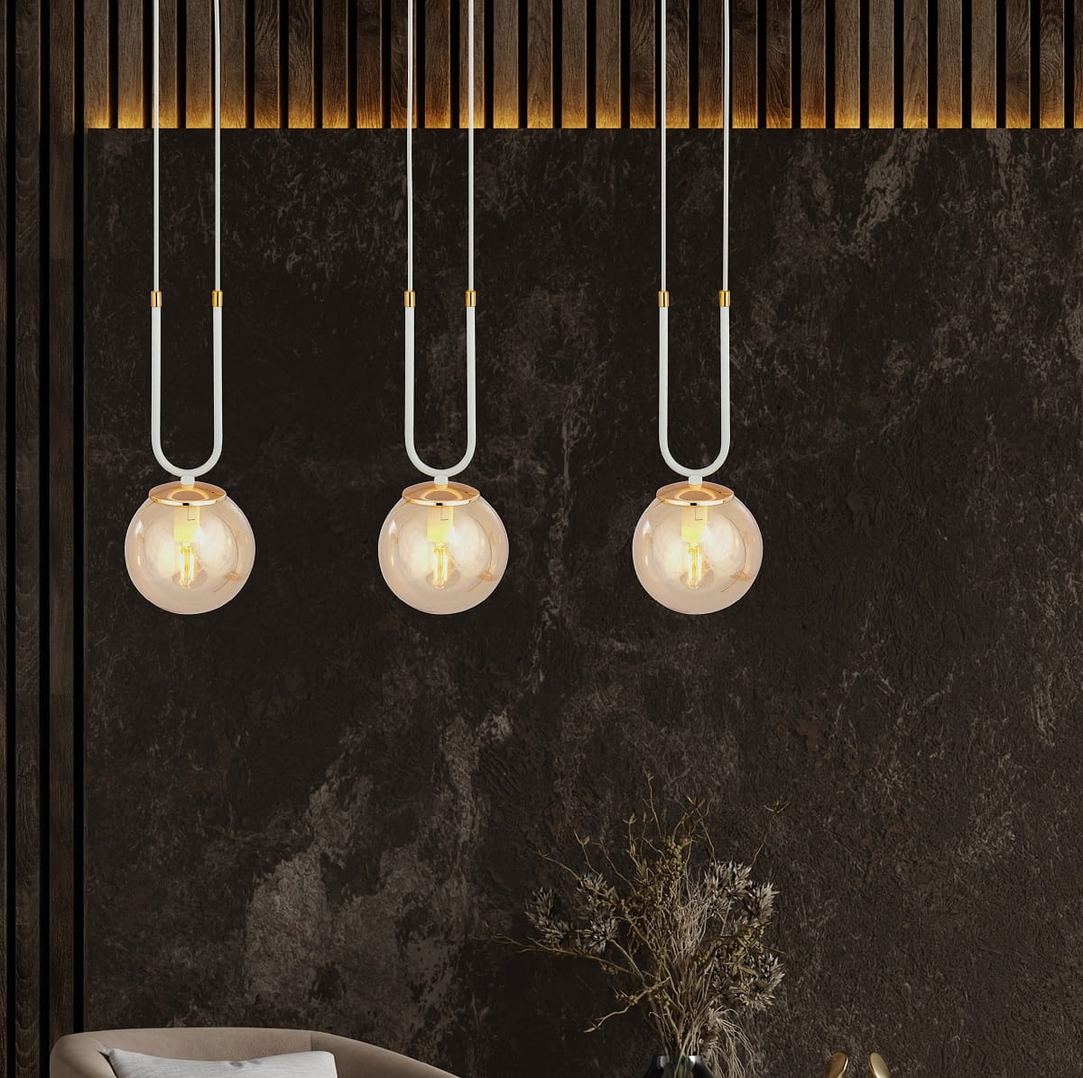Glam 3 White- lampa wisząca z elegancją trzech bursztynowych kloszy aranżacja