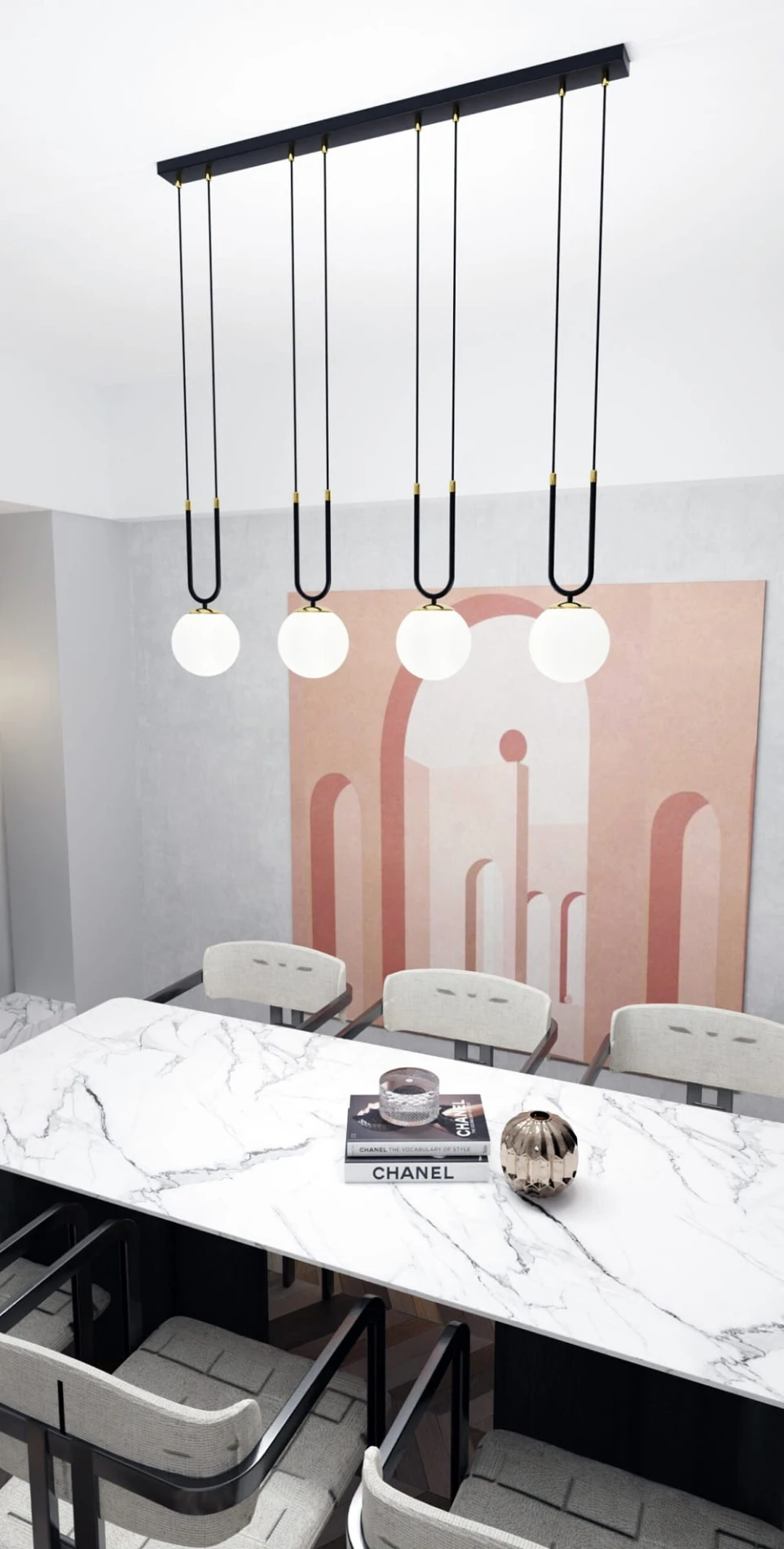 Glam 4 Black - nowoczesna lampa wisząca nad stół w jadalni, klosze białe aranżacje.jpg