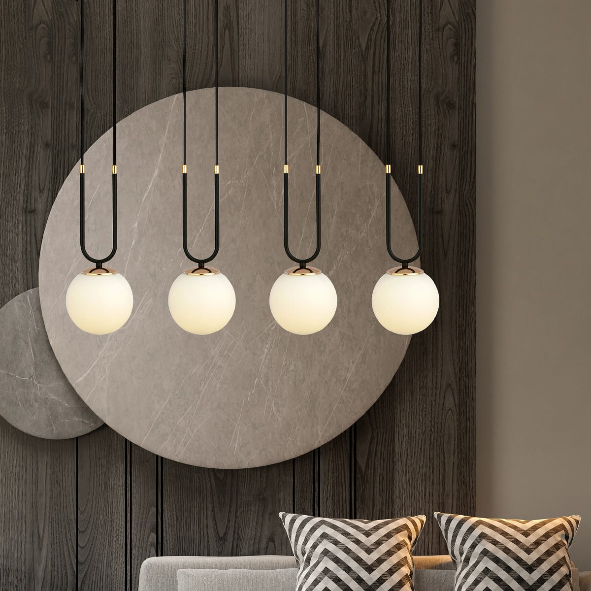 Glam 4 Black - nowoczesna lampa wisząca nad stół w jadalni, klosze białe aranżacje (2).jpg