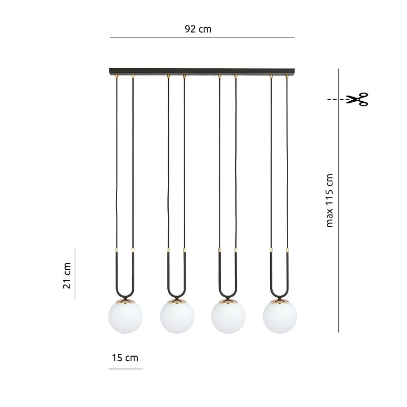 Glam 4 Black - nowoczesna lampa wisząca nad stół w jadalni, klosze białe wymiary.jpg
