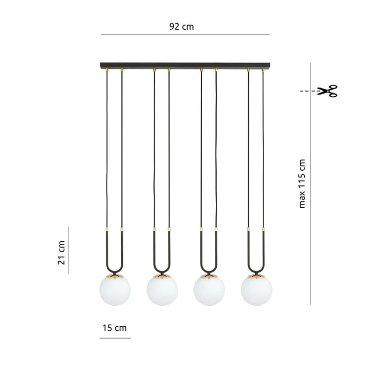 Glam 4 Black - nowoczesna lampa wisząca nad stół w jadalni, klosze białe wymiary.jpg