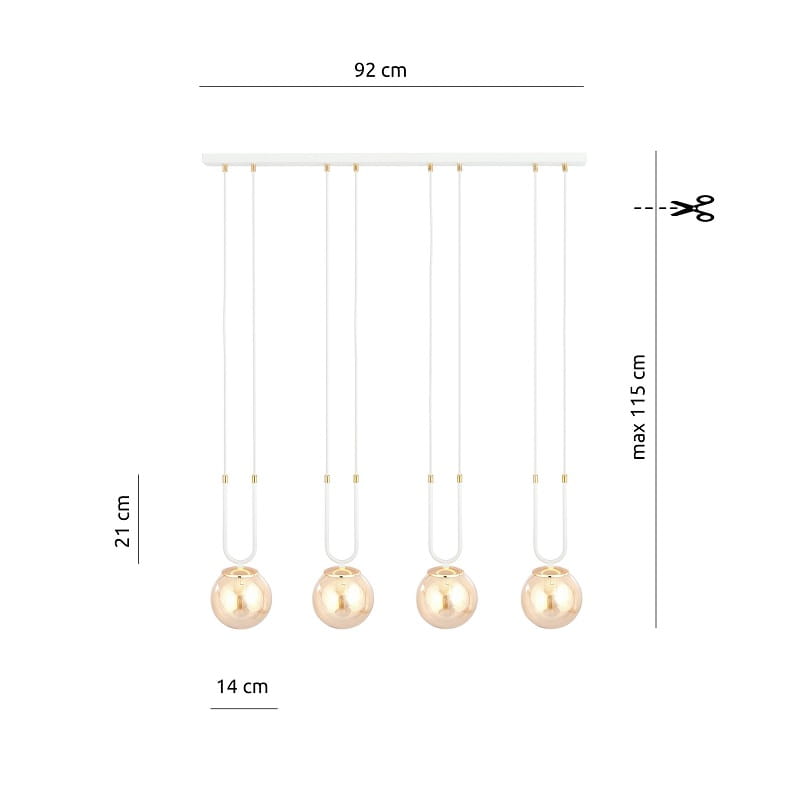Glam 4 white - nowoczesna lampa wisząca nad stół w kuchni, klosze bursztynowe - wymiary.jpg