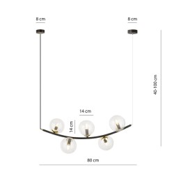 Ritz 5 White - wisząca lampa, żyrandol, pięć przezroczystych kul wymiary