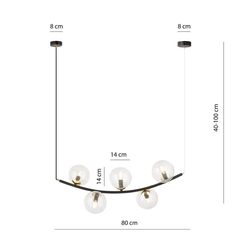 Ritz 5 White - wisząca lampa, żyrandol, pięć przezroczystych kul wymiary